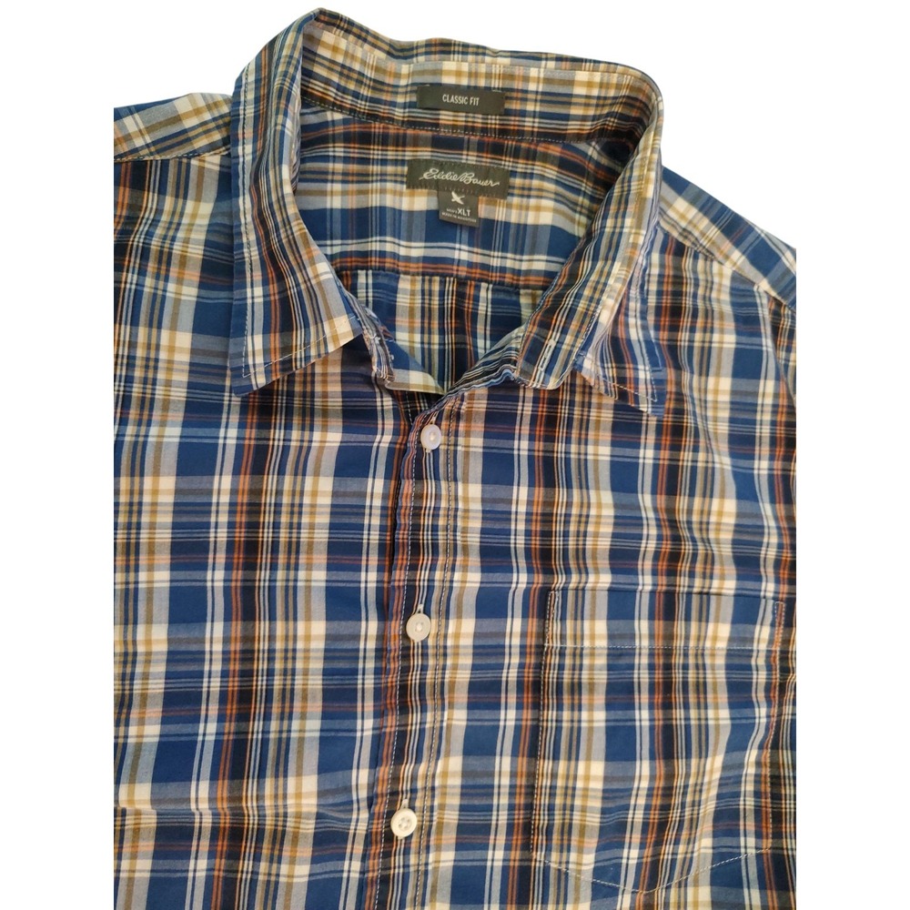 Eddie Bauer Plaid Shirt Blue Orange Long Sleeve Button Down Classic Mens XL Tall